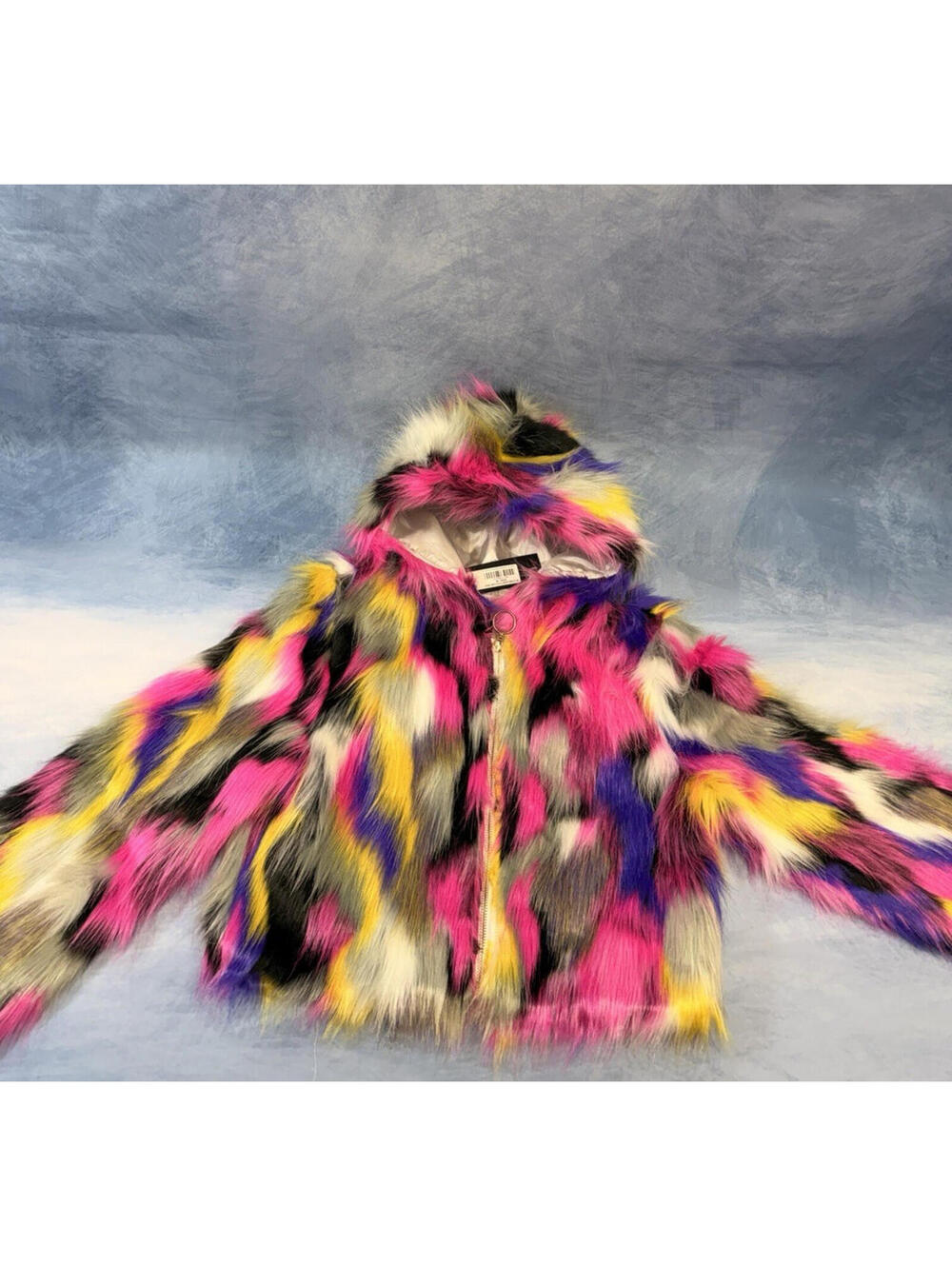 Rockstar Original Women Faux Fur Multicolor Hooded Crop Jacket NWT Size M - Picture 5 of 16